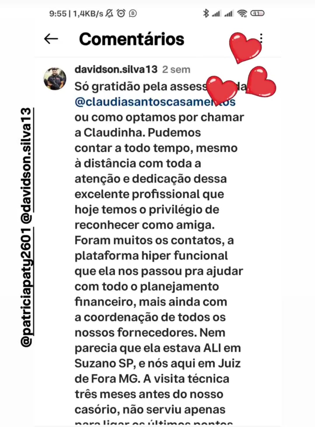 Depoimento de Patrícia e Davidson no Instagram