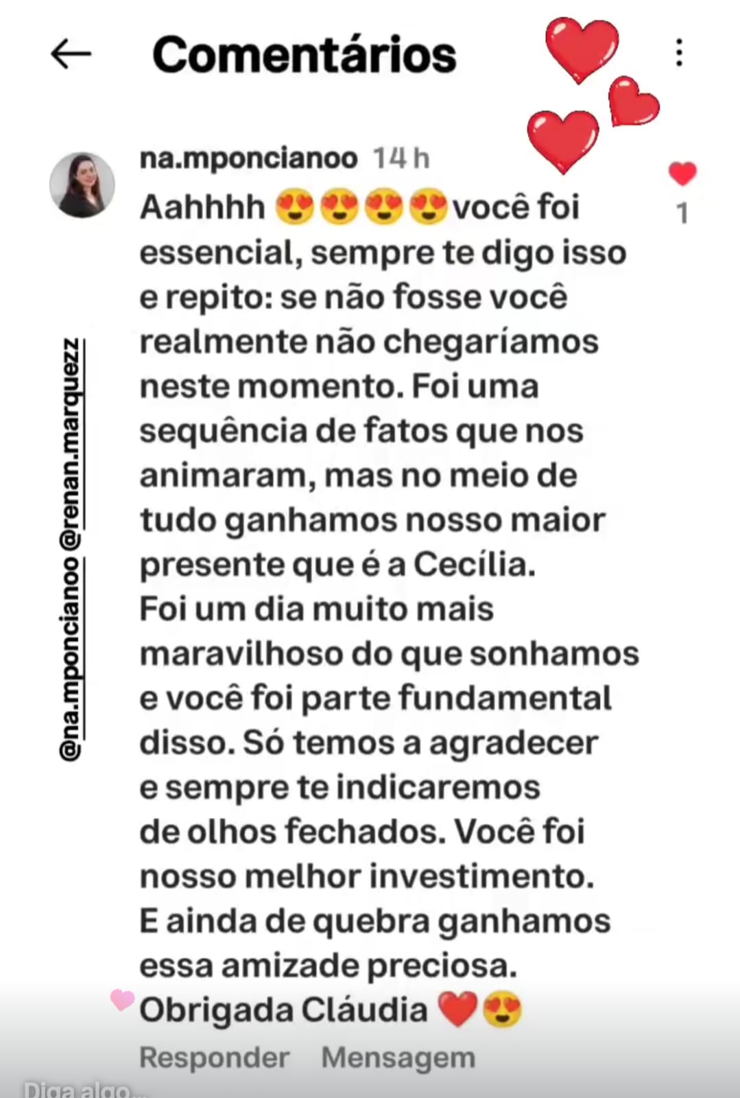 Depoimento de Natália e Renan no Instagram