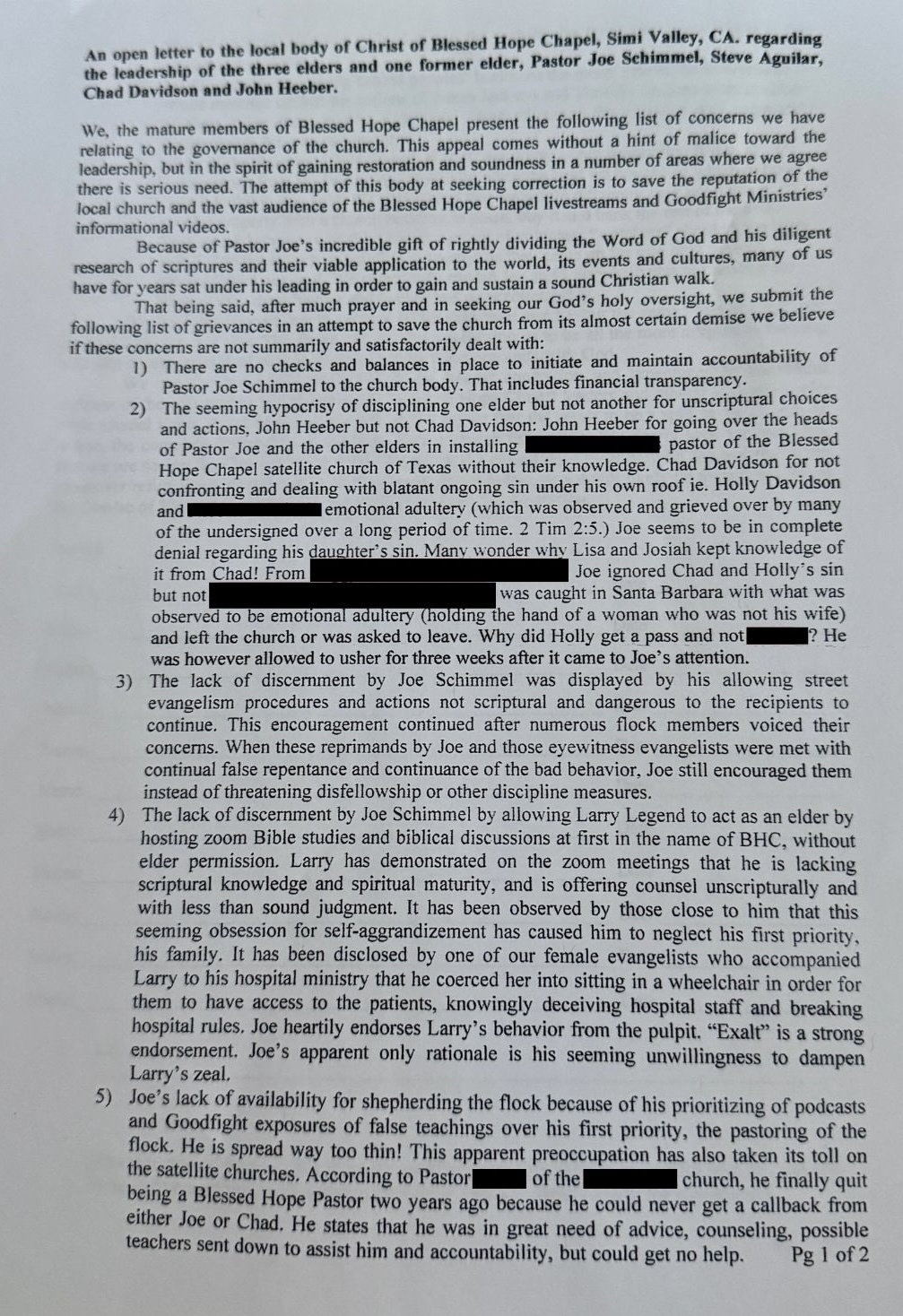 September 2025 Open Letter to BHC Elders — Page 1, redacted