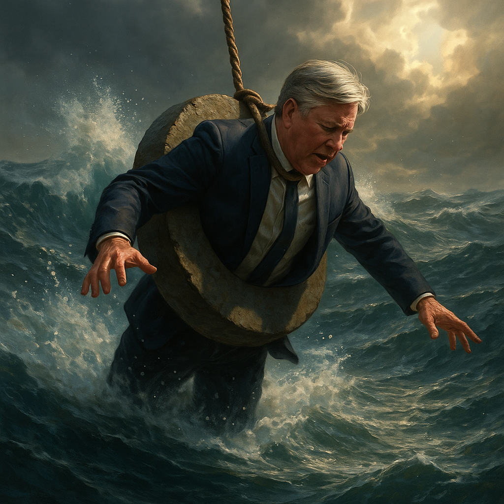 Pastor who looks like Robert Morris with a millstone around his neck being cast into the sea