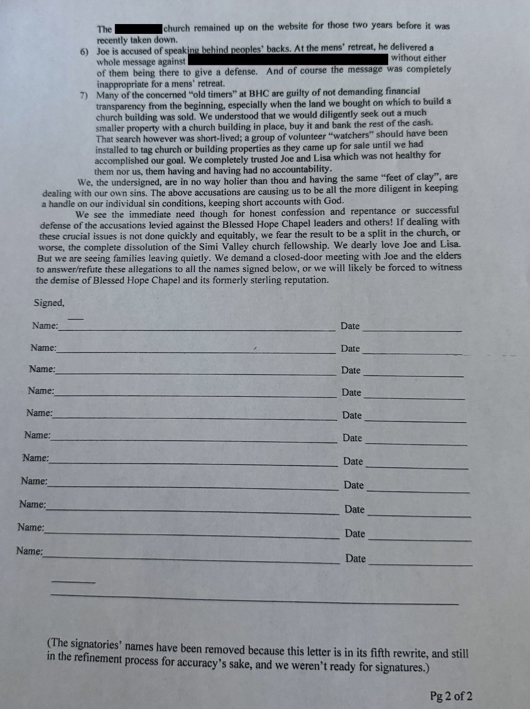 September 2025 Open Letter to BHC Elders — Page 2, redacted