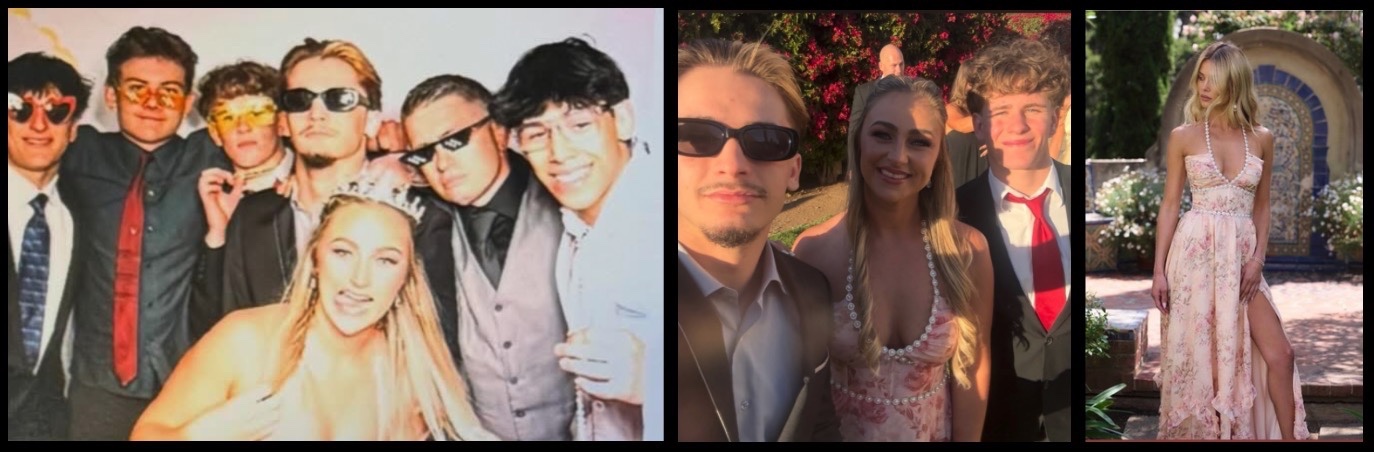 Collage: Holly Davidson with wrestlers at the wedding reception (two photos), alongside a model wearing the same dress Holly chose to wear at the event