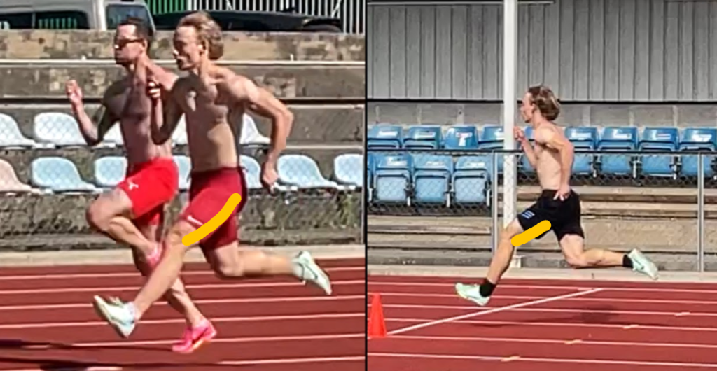 Sen svingfase med stor belastning på hamstringen, illustrasjon av mekanismen bak hamstringskade