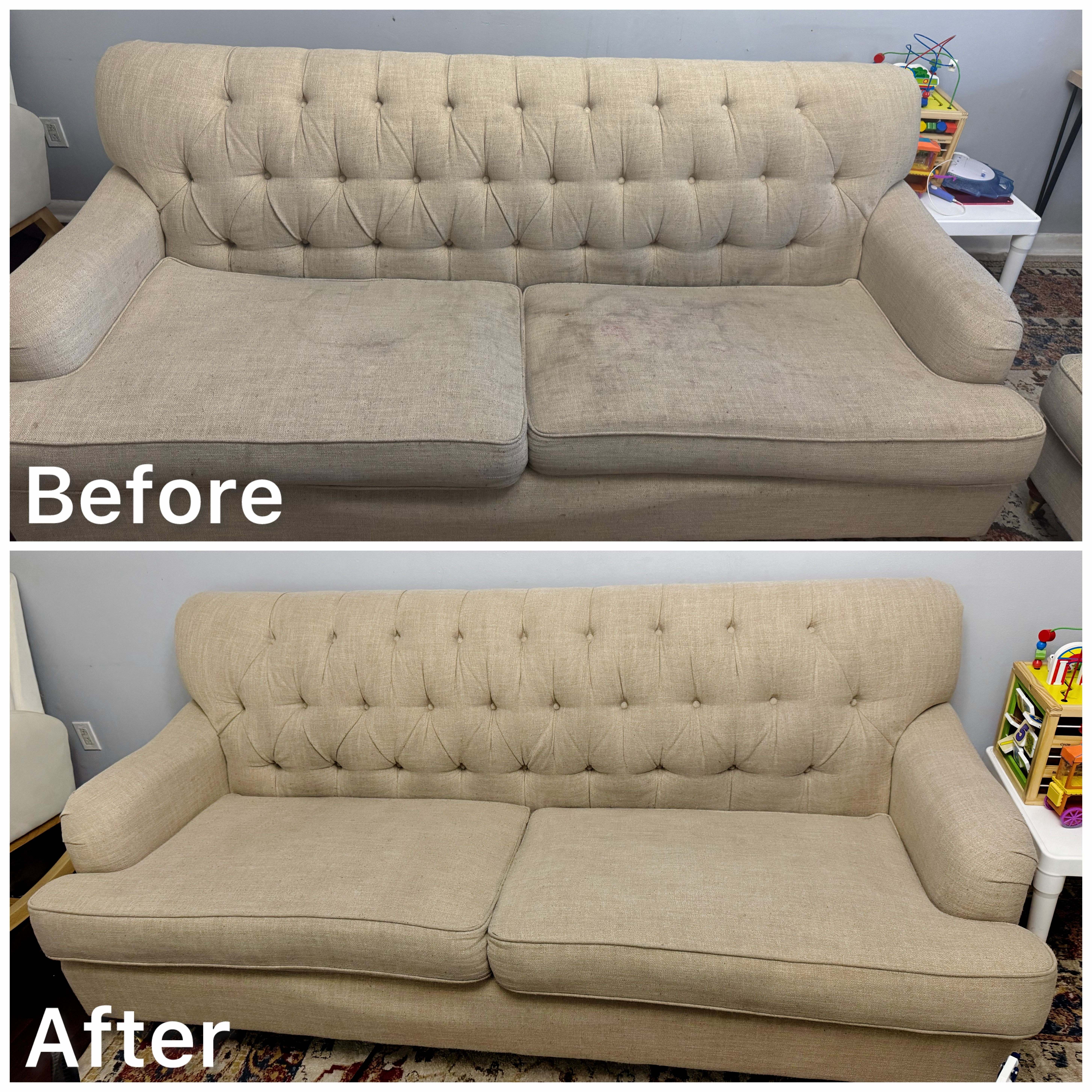 Fabric Sofa – Beverage & Oil Stains - Before and After Cleaning
