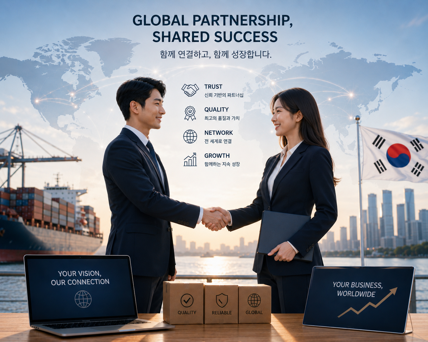 잘생긴 한국 비즈니스맨과 예쁜 금발 외국 여성이 악수하는 모습
