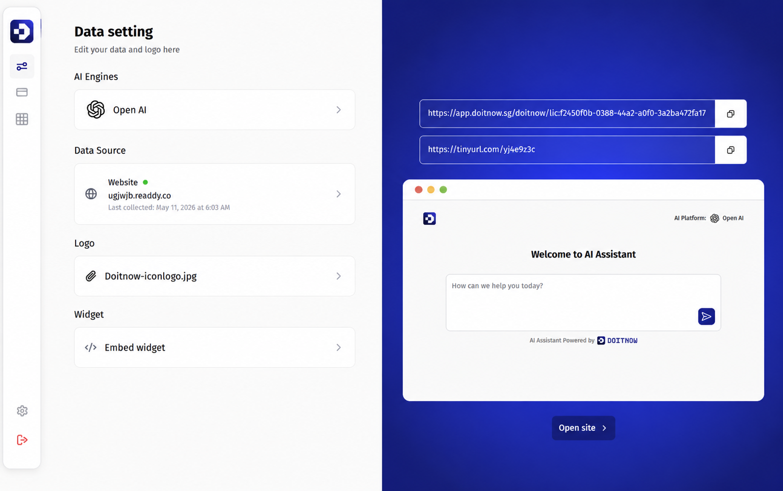 DOITNOW AI Data Settings dashboard showing AI Engines, Data Source, Logo, Widget sections with live preview on the right