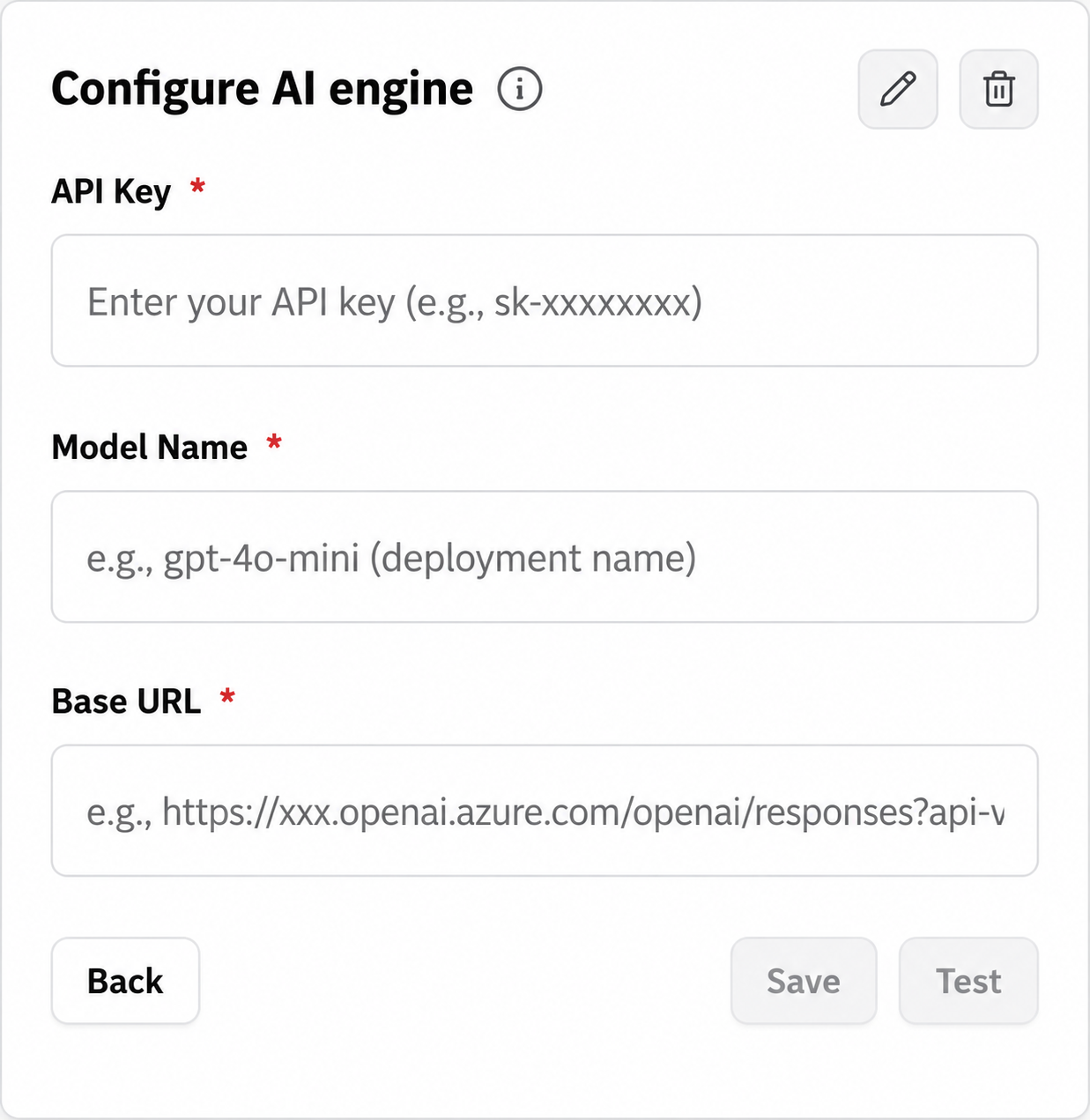 DOITNOW AI API keys configuration panel showing DeepSeek, OpenAI, and Azure key input fields