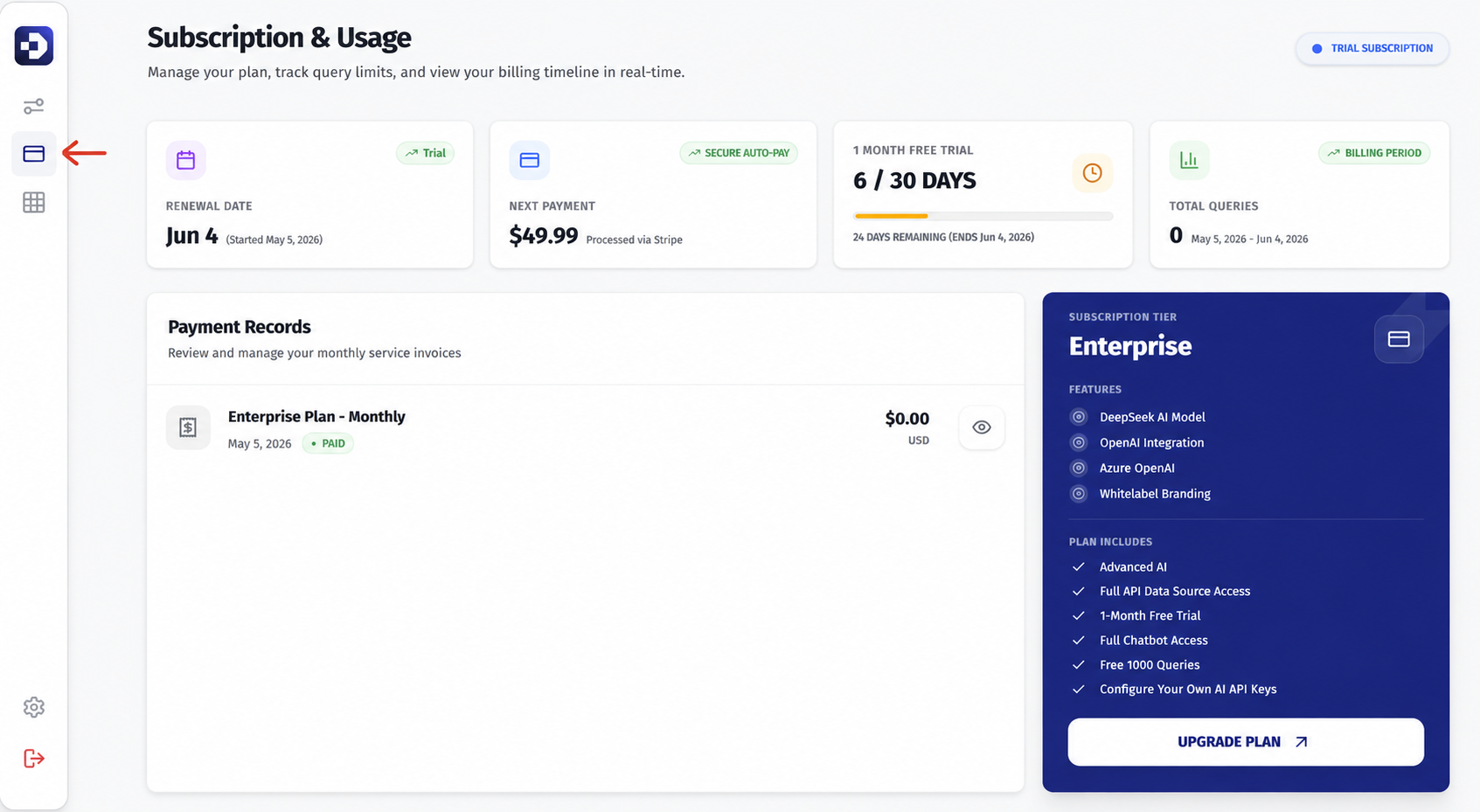 DOITNOW AI Subscription and Usage panel showing plan details, token usage, and billing summary DOITNOW AI Subscription and Usage panel showing plan details, token usage, and billing summary