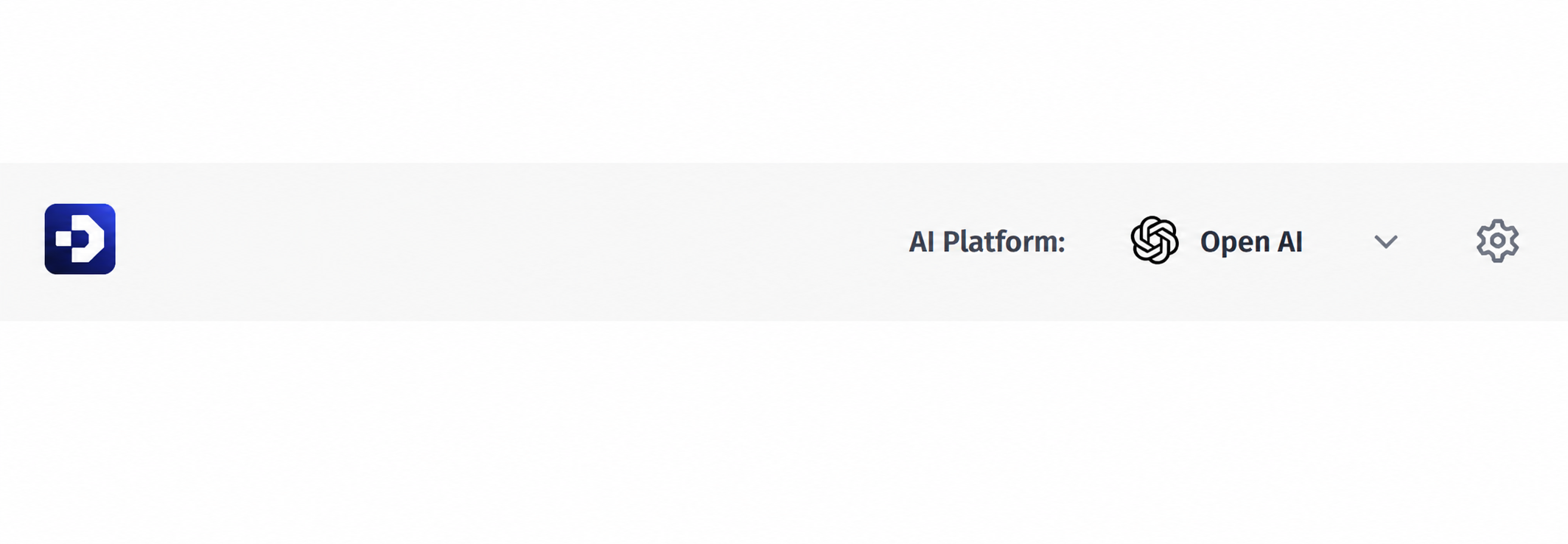 DOITNOW AI Admin Mode showing top menu with logo, LLM selection dropdown, and settings icon