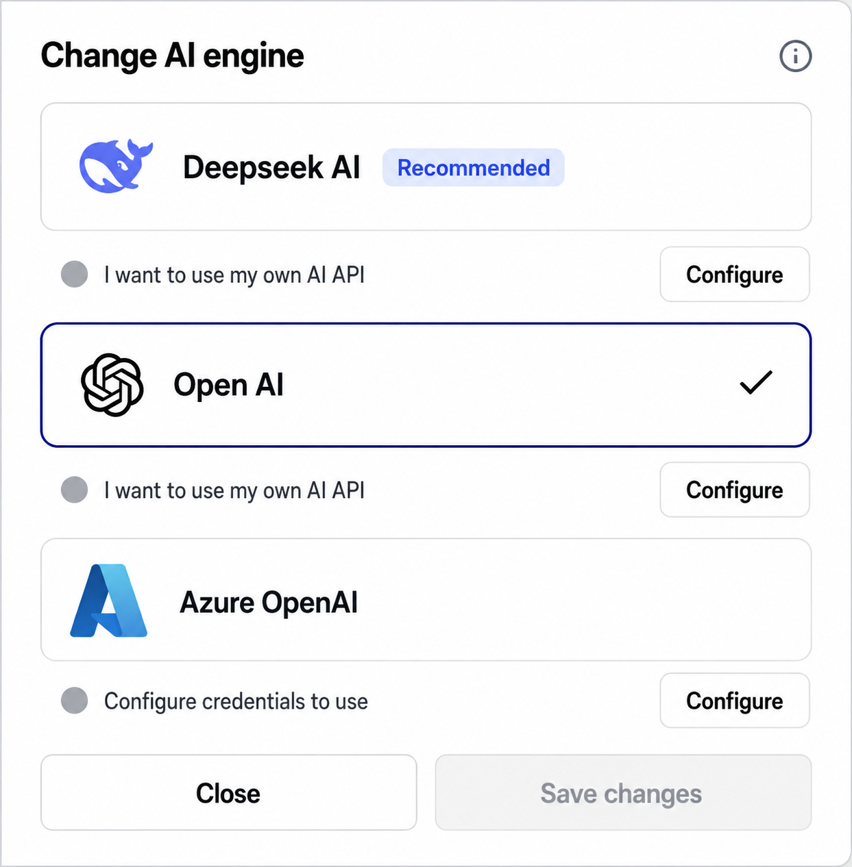 DOITNOW AI AI Engine picker showing DeepSeek AI Recommended, Open AI selected, and Azure OpenAI with Configure button DOITNOW AI AI Engine picker showing DeepSeek AI Recommended, Open AI selected, and Azure OpenAI with Configure button