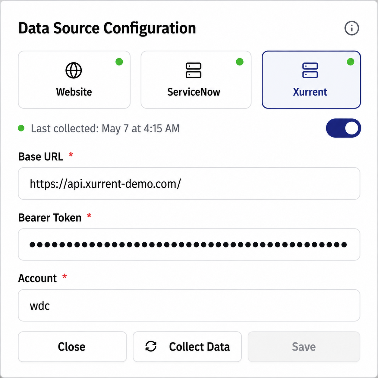 DOITNOW AI Xurrent data source connection panel showing API token field and toggle switch