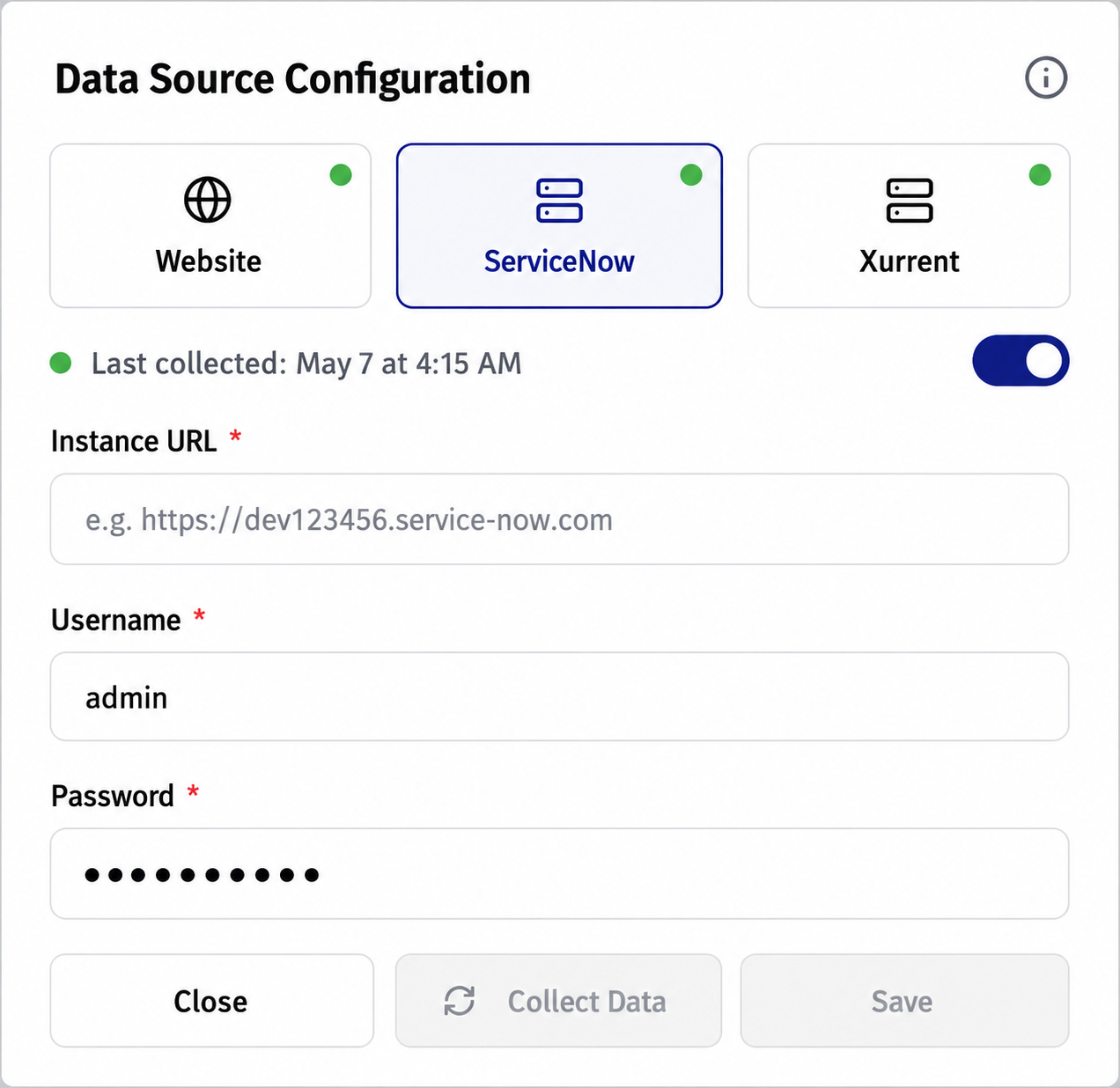 DOITNOW AI ServiceNow data source connection panel showing instance URL, username, and password fields with toggle switch