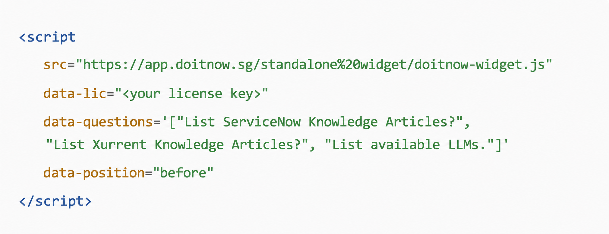 DOITNOW AI widget code snippets panel showing embed script options for copying