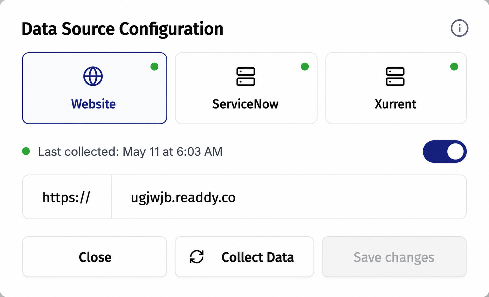DOITNOW AI Data Source configuration with Website, ServiceNow, and Xurrent tabs, URL input, and Collect Data button