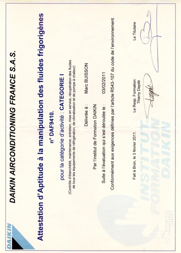 Attestation d'aptitude à la manipulation des fluides frigorigènes