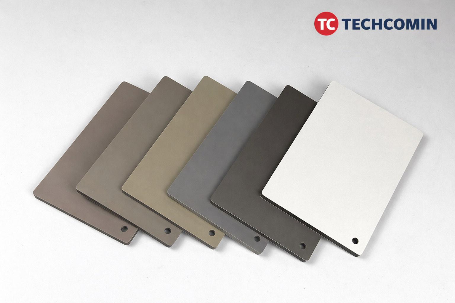 Tấm ốp than tre PETG đơn sắc ánh nhũ TECHCOMIN — 5 màu xám, be, nâu xám, trắng ngà