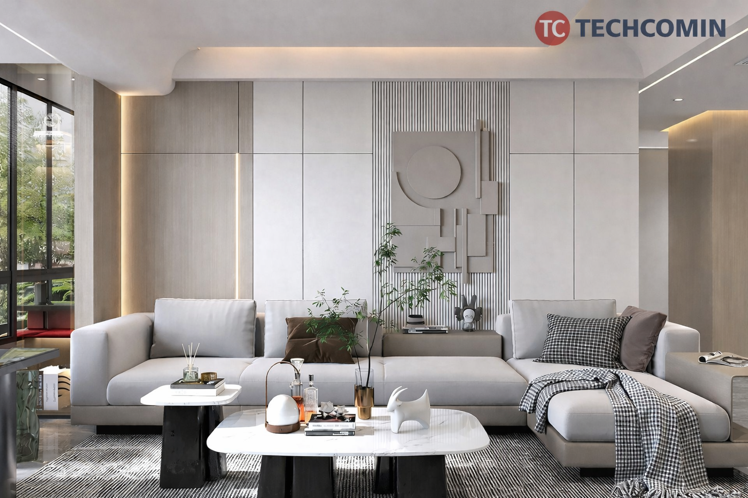 Tấm ốp than tre trang trí phòng khách hiện đại — ốp tường vân gỗ kết hợp tấm trắng, sofa xám, đèn LED âm trần