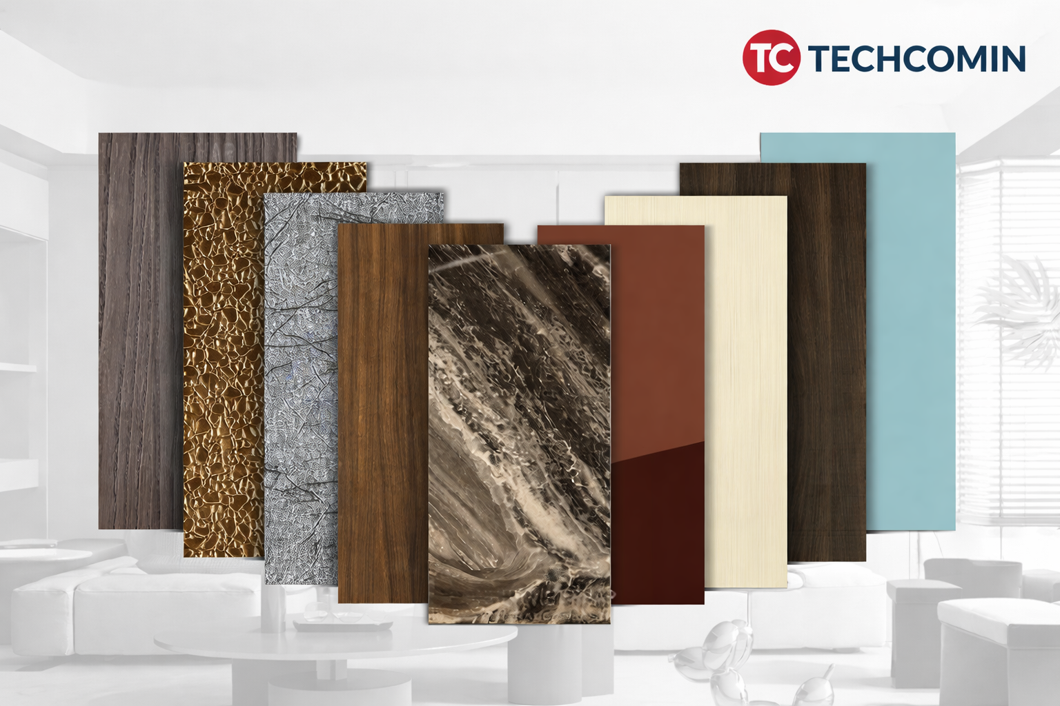 Các mẫu tấm ốp than tre TECHCOMIN trưng bày tại xưởng — vân gỗ, vân đá, kim loại, tráng gương