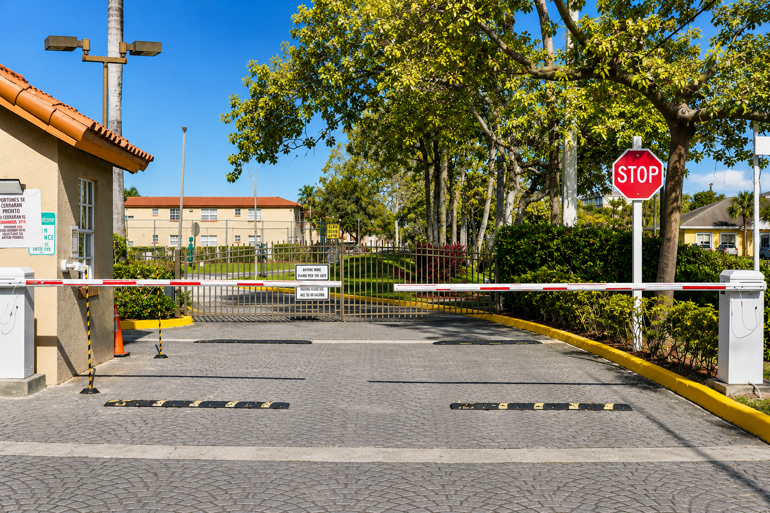 Windmill Lakes community entrance, landscaped entry road with signage