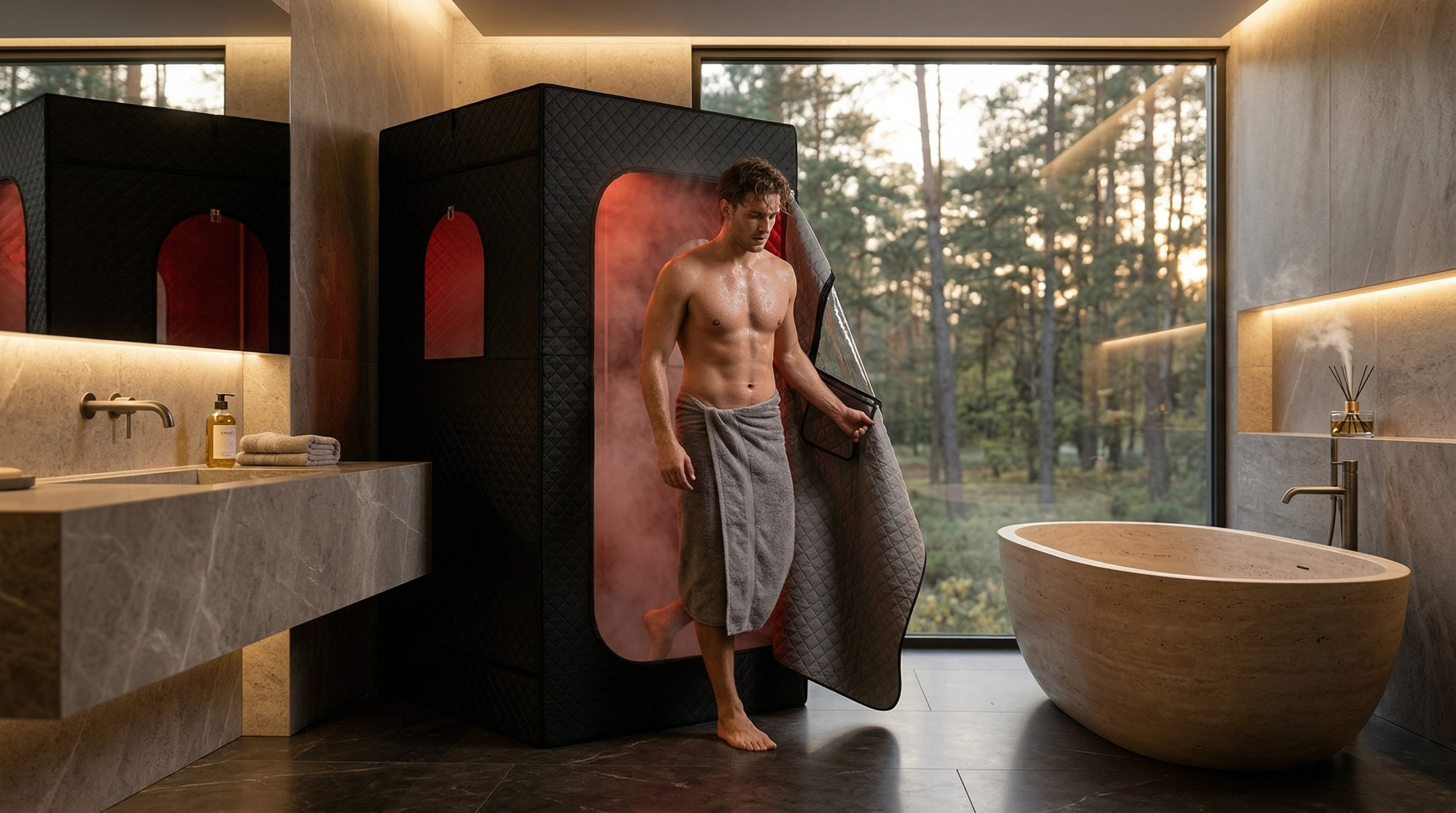 Cozy bedroom at night with a portable red light sauna tent glowing warmly in the corner