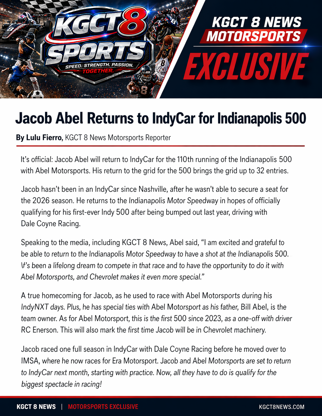 Jacob Abel returns to IndyCar