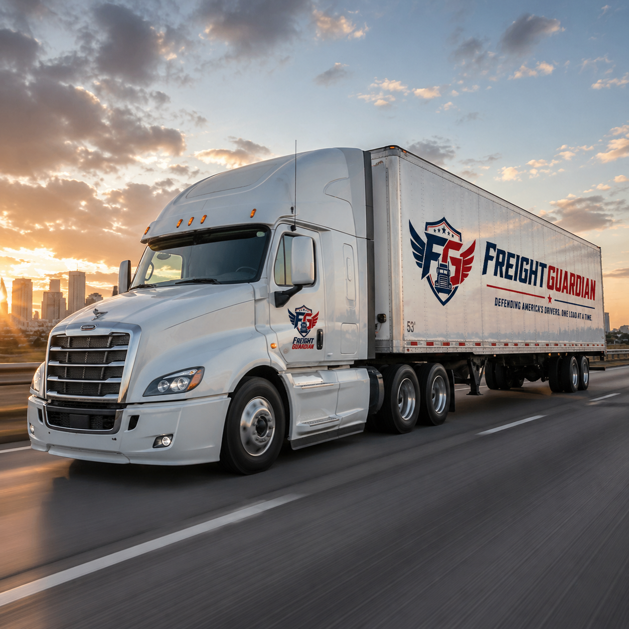 Freight carrier truck on American highway at dusk — FreightGuardian carrier reputation defense