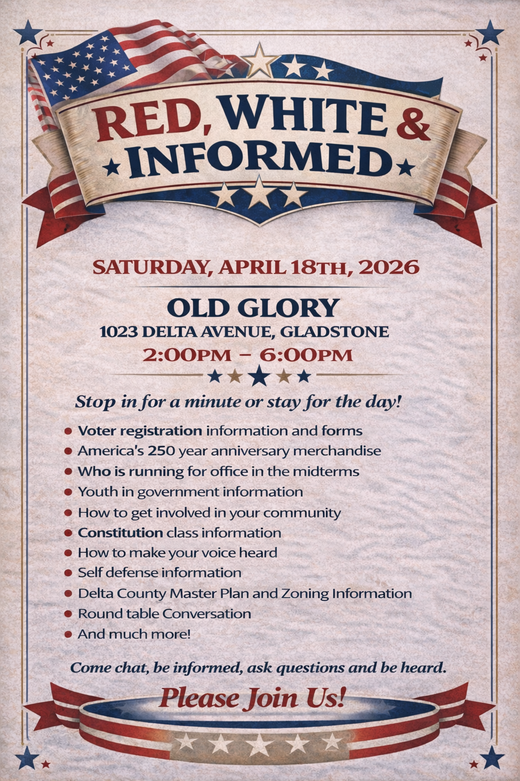 Red, White & Informed — Saturday, April 18th