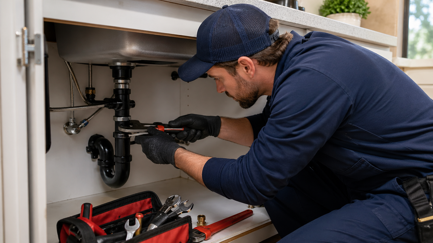 Professional plumber working on pipes