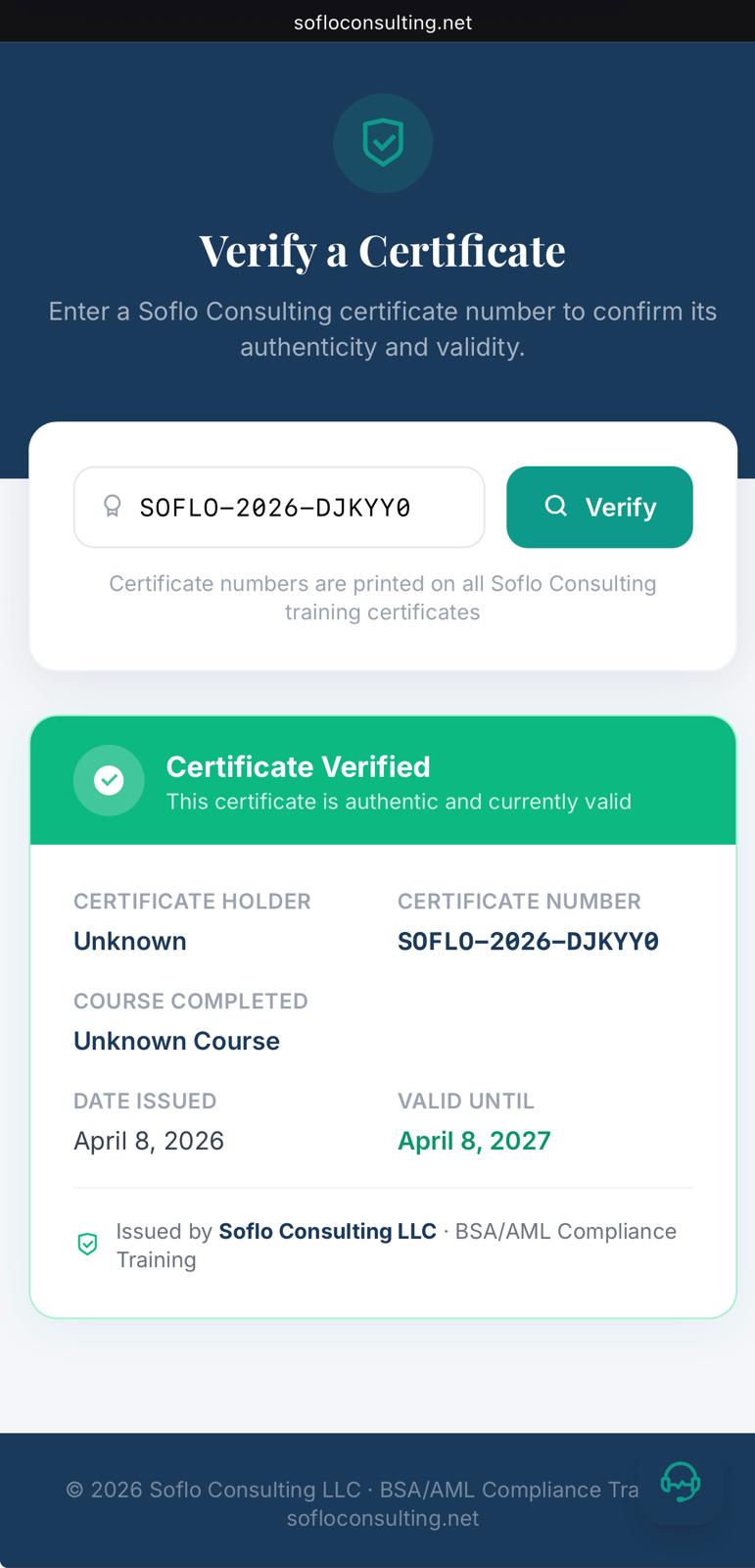 Soflo Consulting Certificate Verification Tool  -  showing a verified BSA/AML training certificate with holder name, certificate number, course completed, date issued, and valid until fields