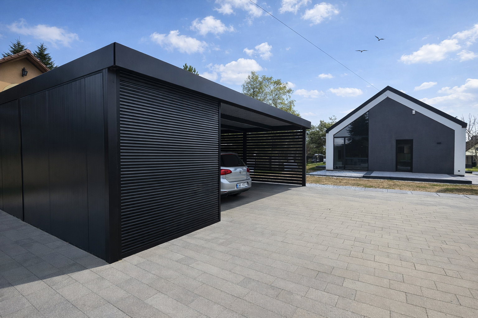 HOGAN 5×5 + budynek techniczny 2,5×5 — wiata samochodowa HOGAN 5×5 + budynek techniczny 2,5×5 — wiata samochodowa