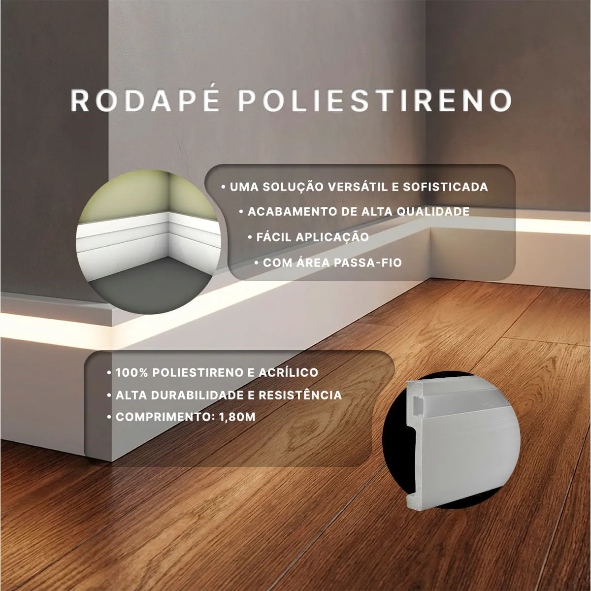 Rodapé de poliestireno instalado em sala moderna em São Paulo