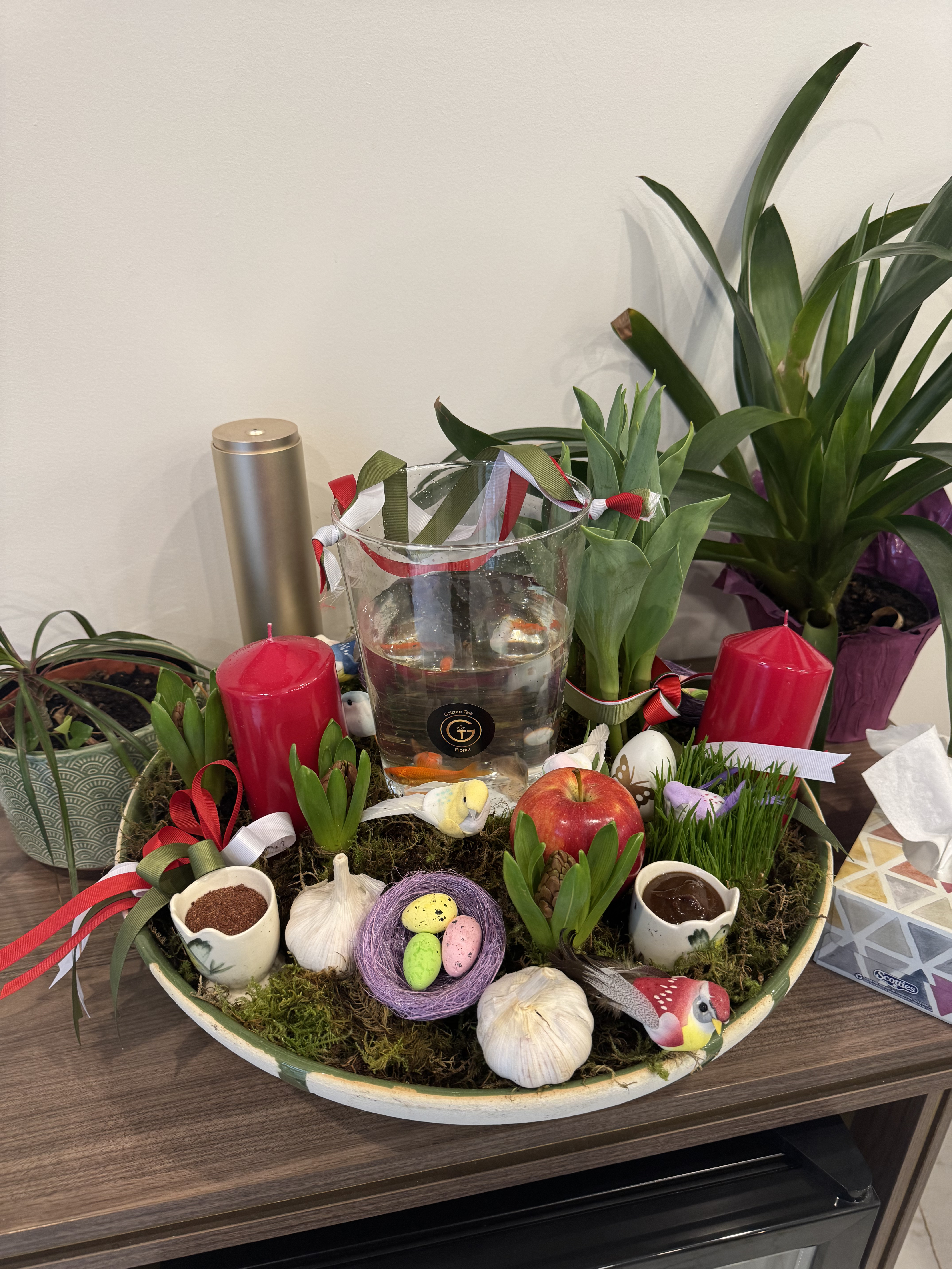 Persian Haftsin display with hyacinth flowers