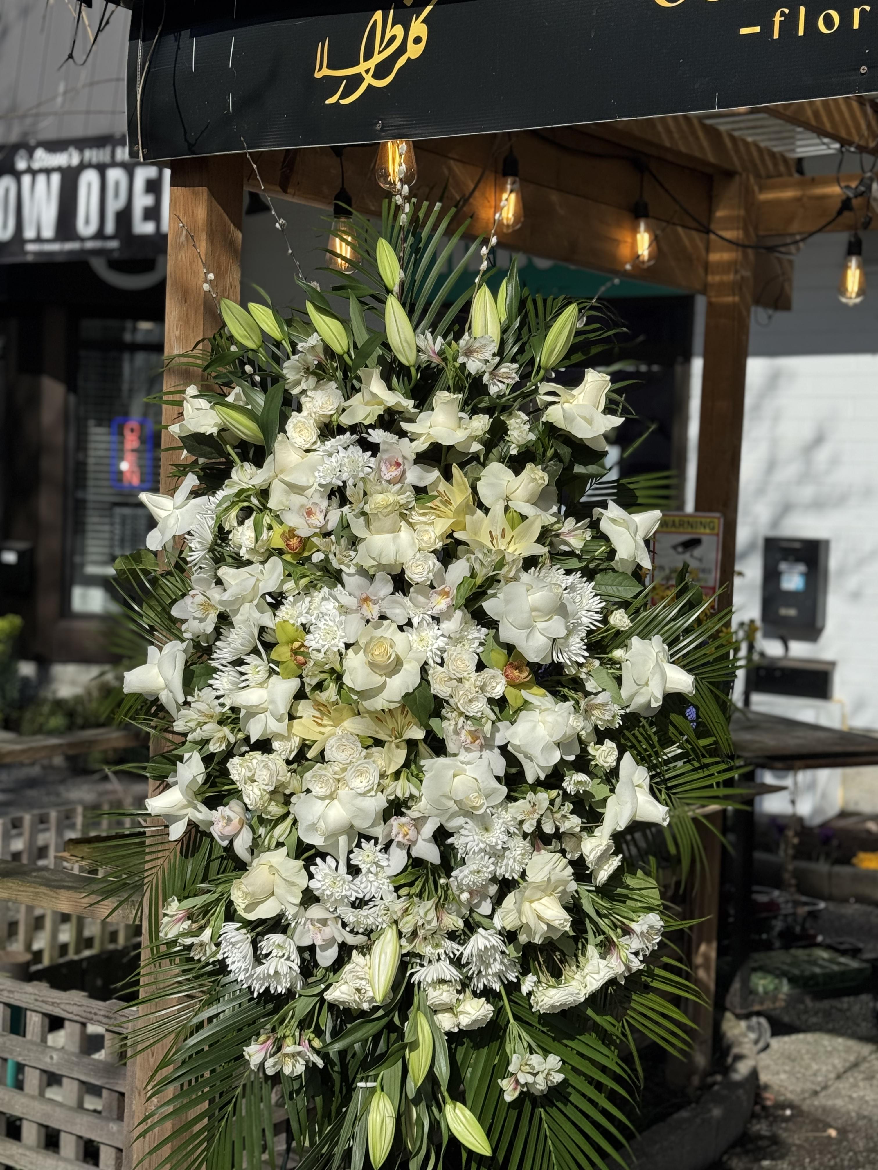 White hydrangea and rose heart-shaped sympathy wreath