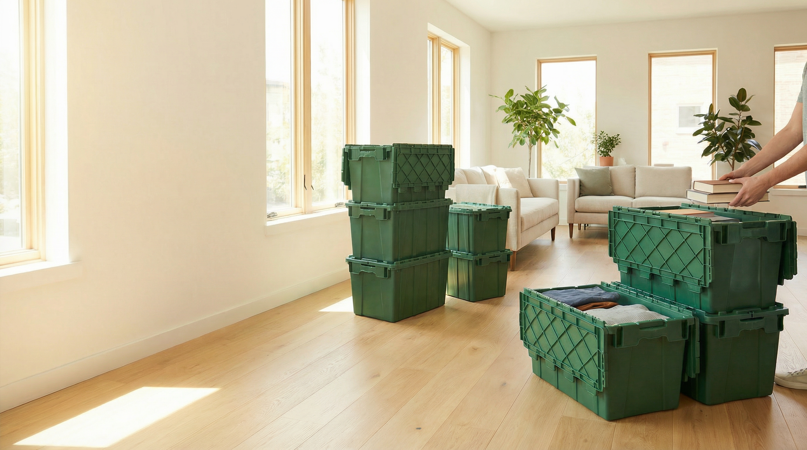 Green moving totes stacked in a modern home