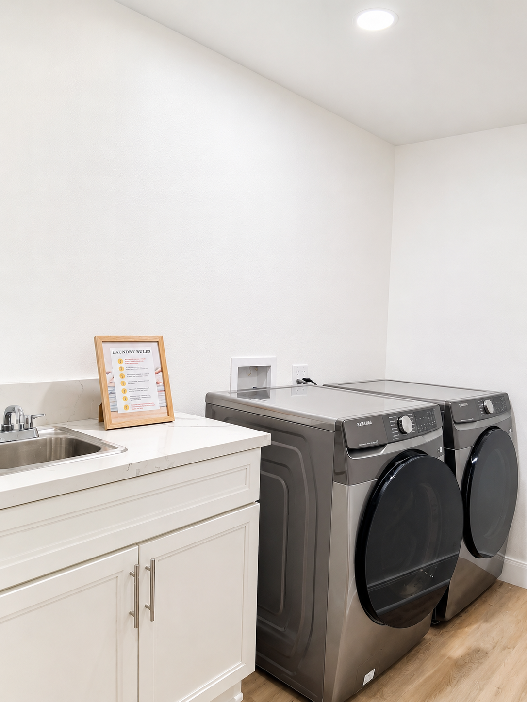Clean laundry room with washer and dryer available for all residents