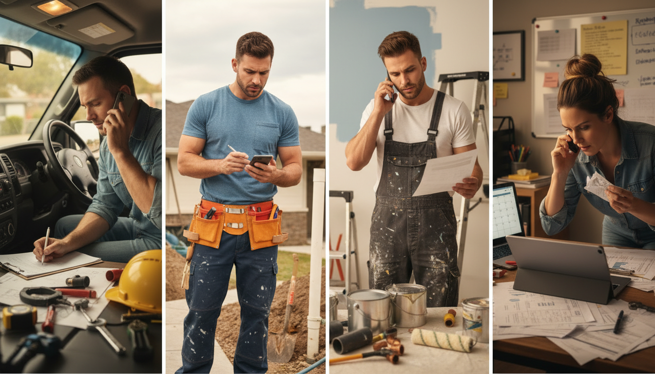 Tradespeople working — taking calls, scheduling jobs, and managing invoicing Tradespeople working — taking calls, scheduling jobs, and managing invoicing