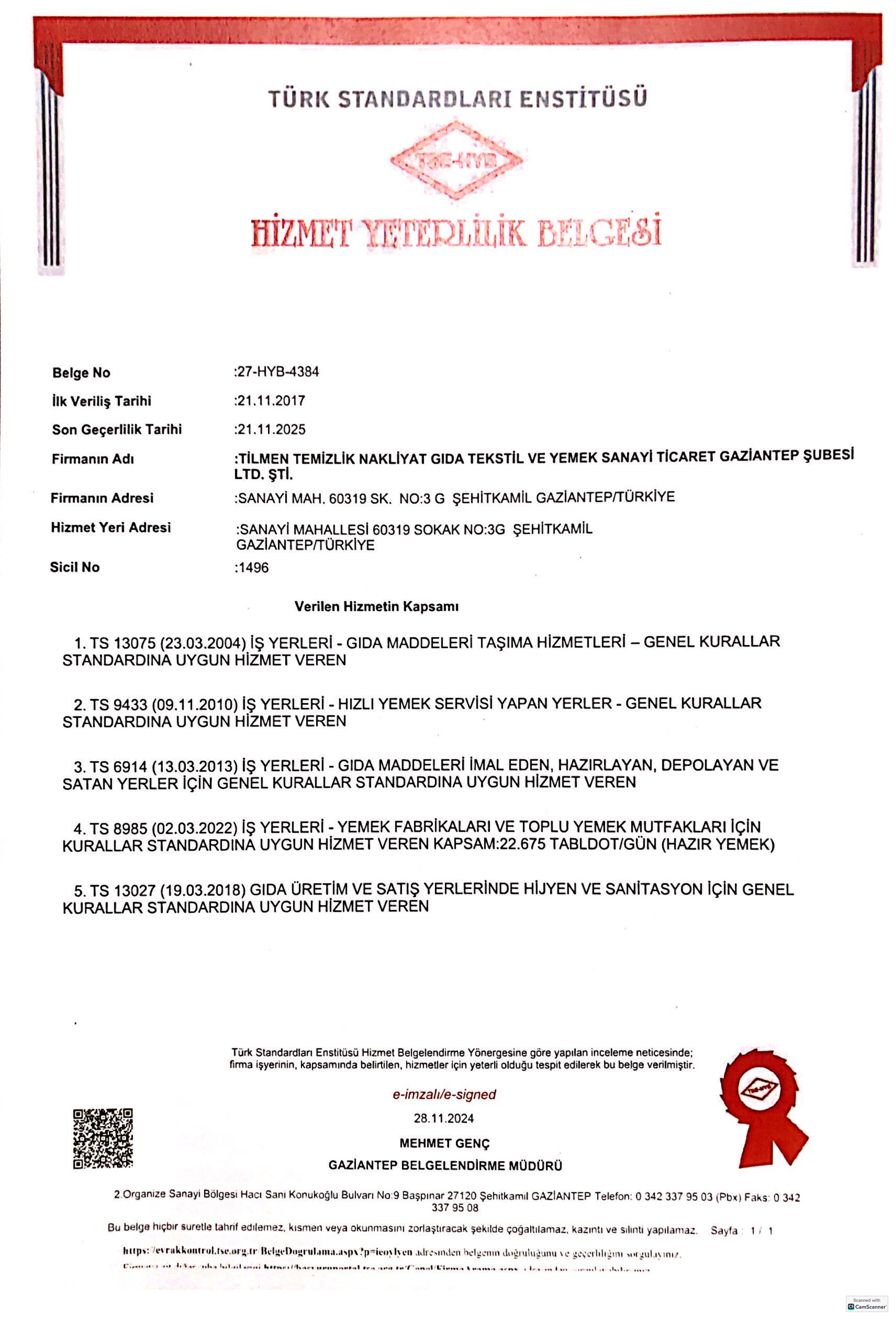 Hizmet Yeterlilik Belgesi
