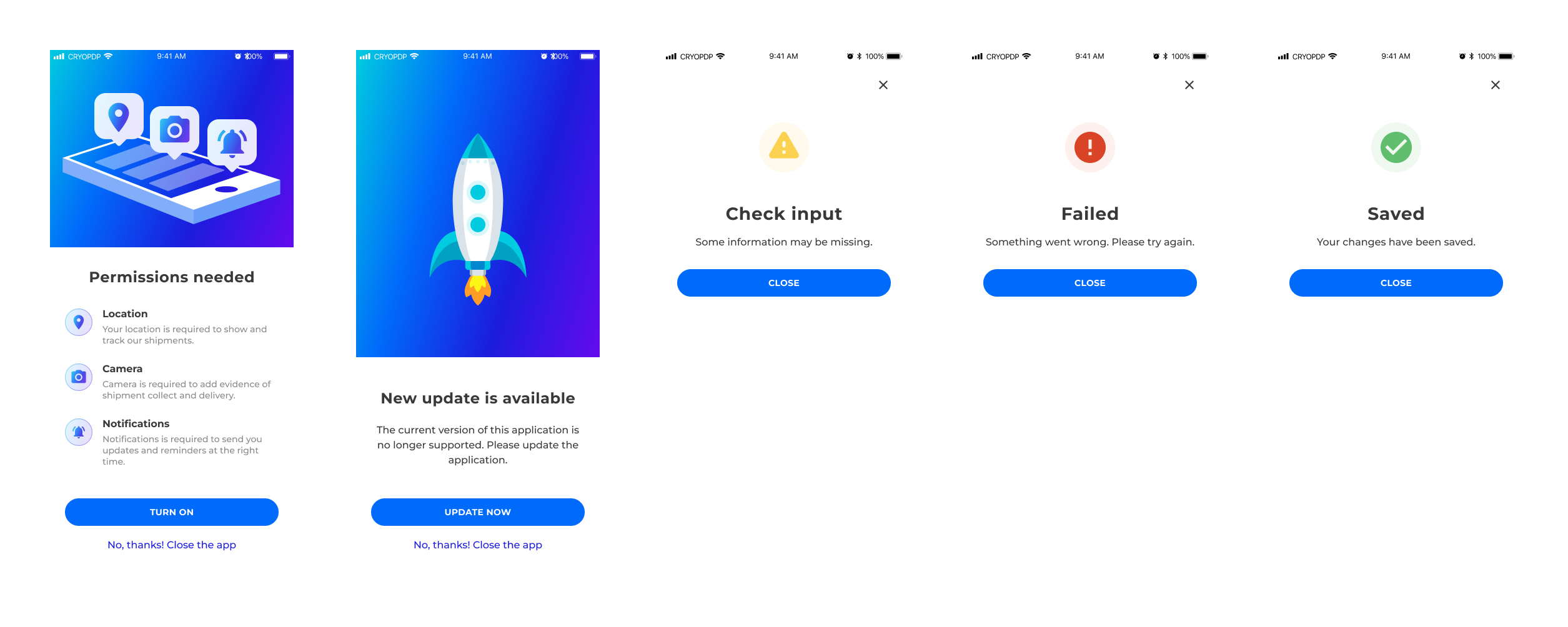 Mobile Driver App — Generic screens