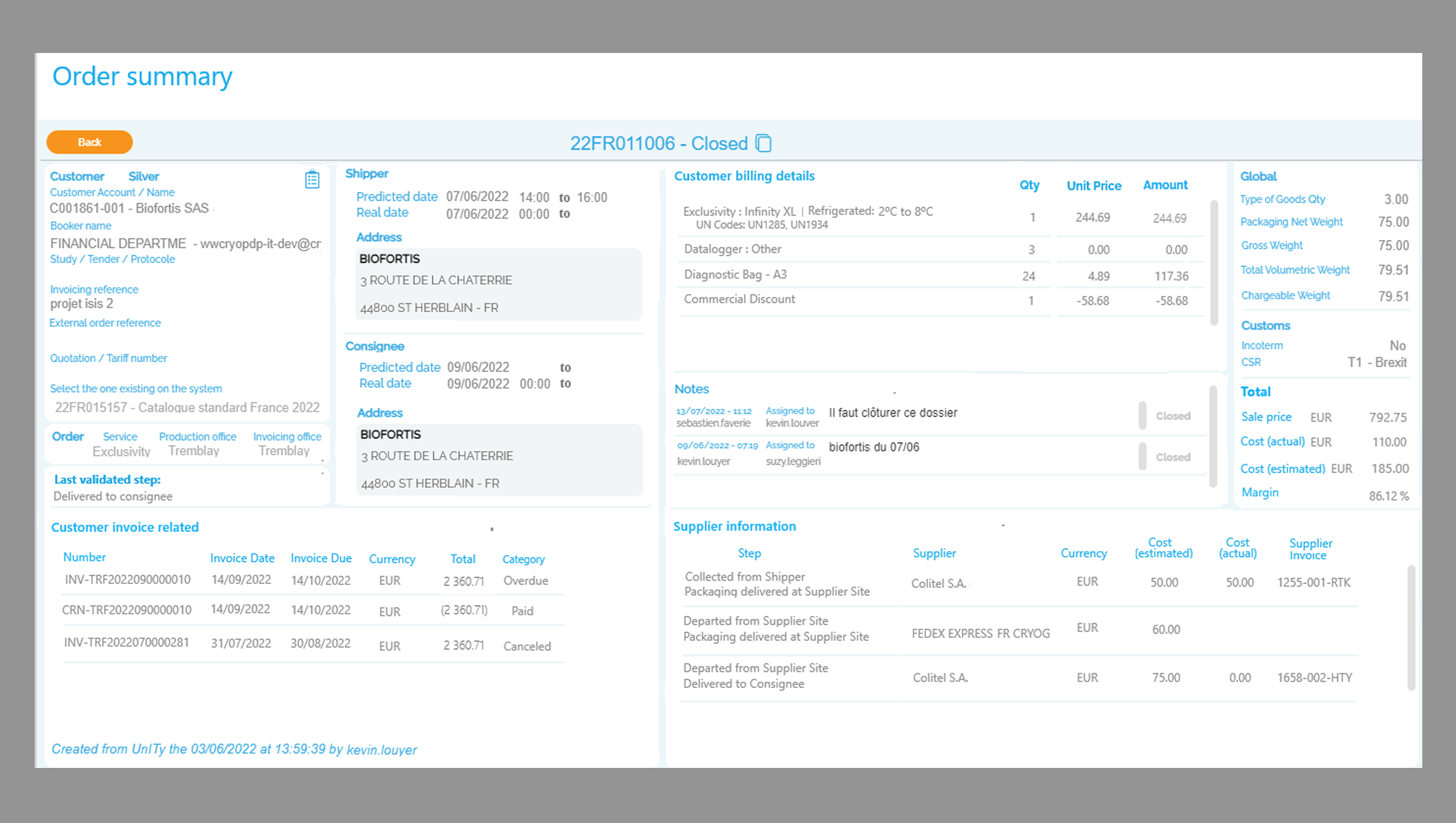 Legacy order summary interface showing dense, cluttered layout with excessive information