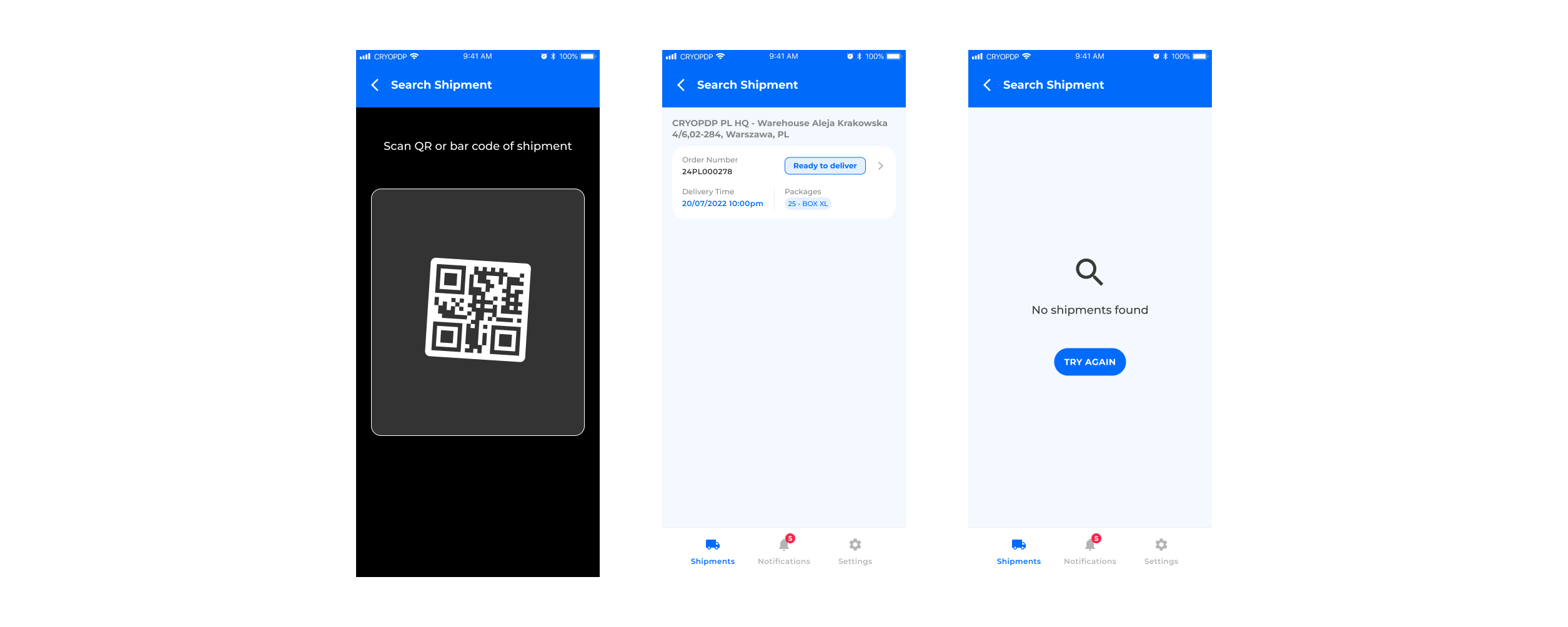 Mobile Driver App — Shipment QR code scan