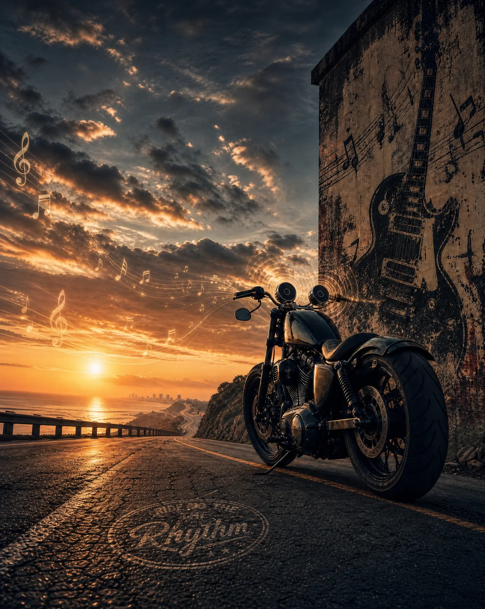 Blackforge Acoustics hero — motorcycle speaker system on open highway, cruiser audio, universal handlebar mount, forged for the open road