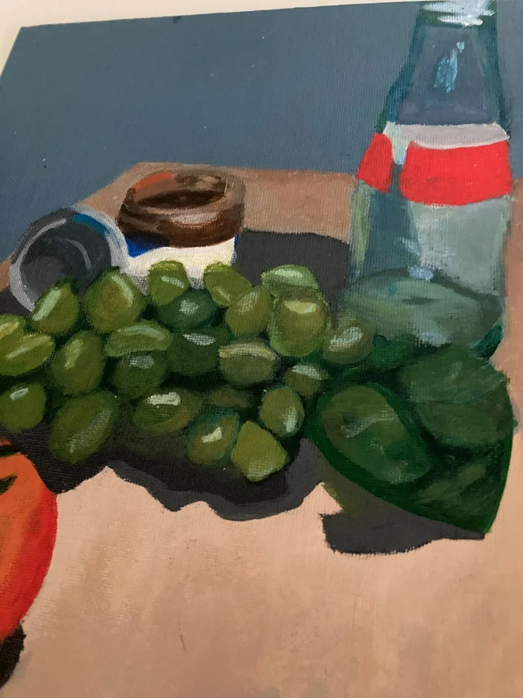 Bottle, Grapes, Tomato, Tin Acrylic Still Life Painting