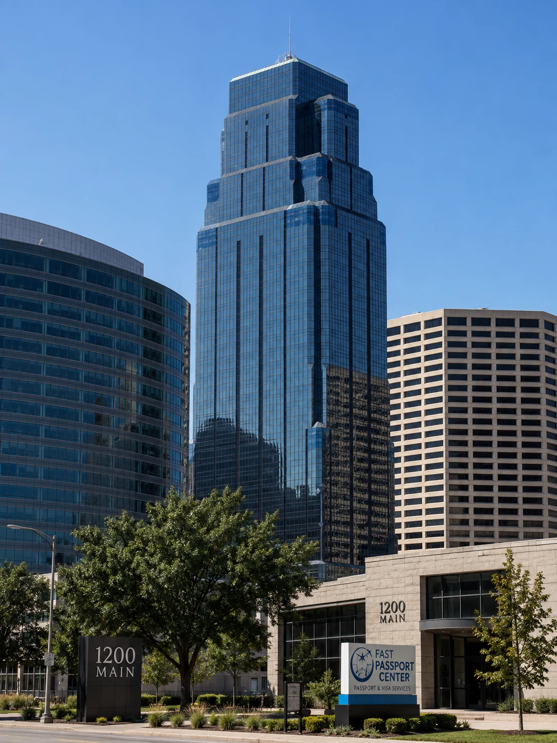 Fast Passport Center office at 1200 Main St in downtown Kansas City — the actual building with Fast Passport Center signage and the iconic One Kansas City Place tower visible in the skyline behind