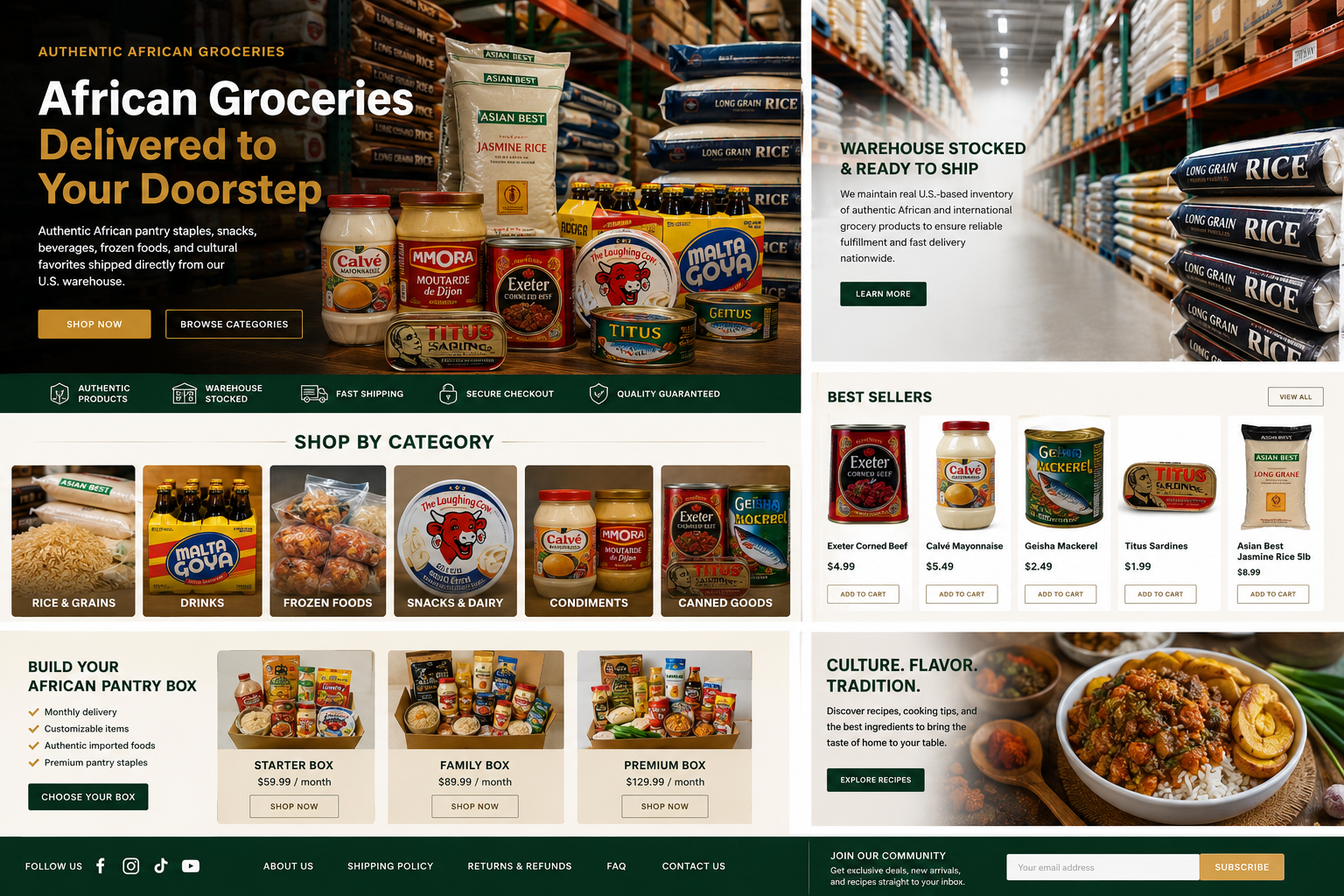 Premium African grocery warehouse stocked with authentic imported African food products - Your Own African Store delivers nationwide across the USA