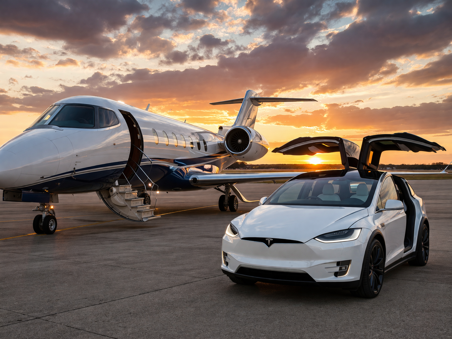 Business class jet with Tesla Model X on landing strip