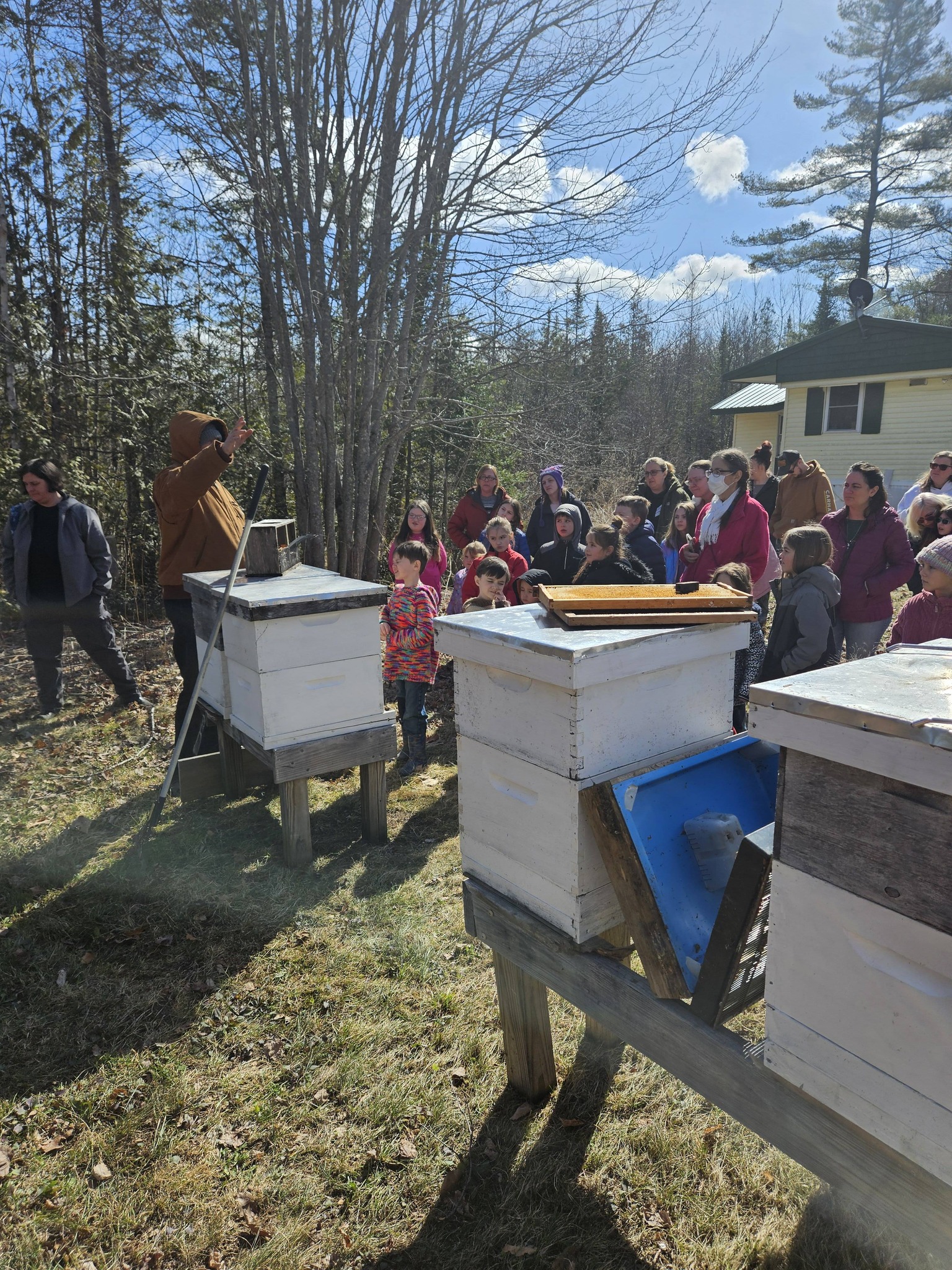 Students learning about beehive frames