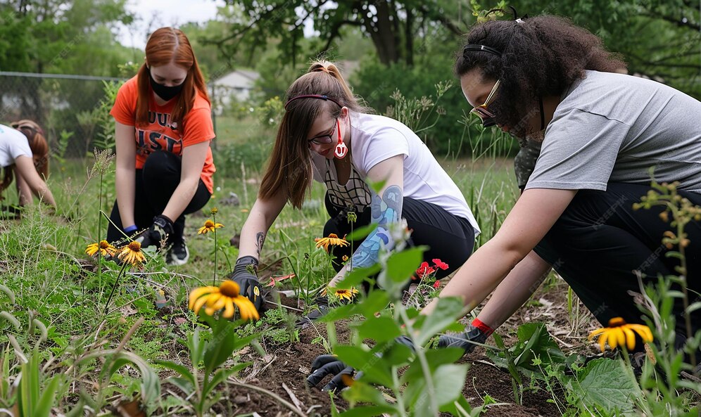 Group of volunteers working in the garden with gloves