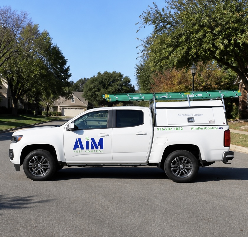 AIM Pest Control service trucks on a residential street