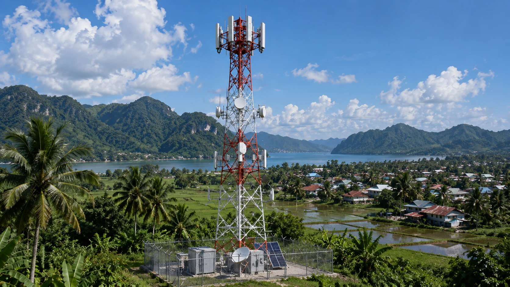 Telecommunications tower in tropical landscape
