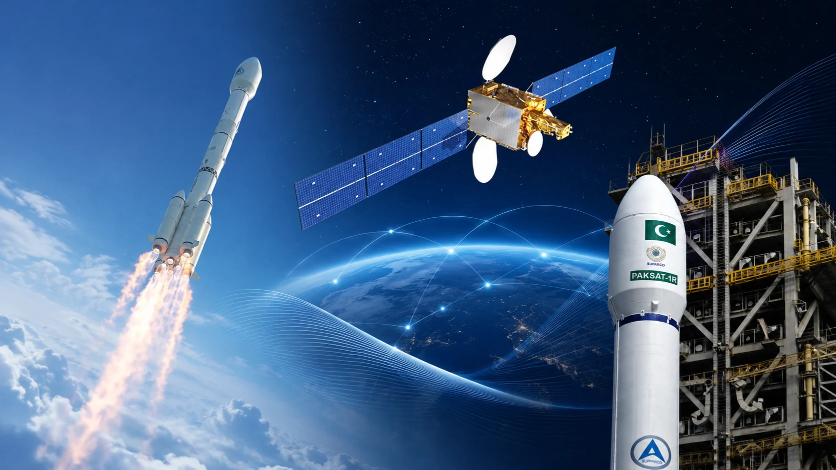 Sovereign satellite program showing rocket launch, satellite in orbit with solar panels, ground station dish, and PAKSAT communications satellite